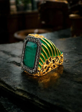 SELIM土耳其复古925银镀金戒指男霸气祖母绿色帕拉伊巴宝石指环