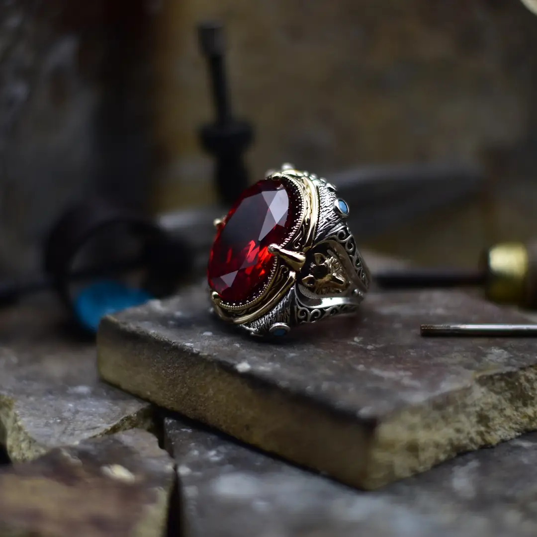 礼盒装圆形宫廷风复古925银红宝石戒指男士雕刻花纹开口戒指时尚