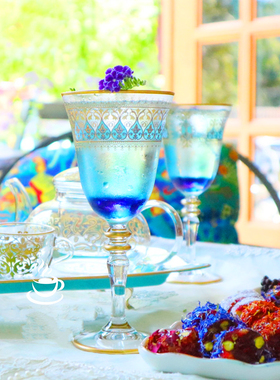 Selim土耳其代购进口高脚杯手绘孔雀纹鸡尾酒杯ins吹制创意红酒杯