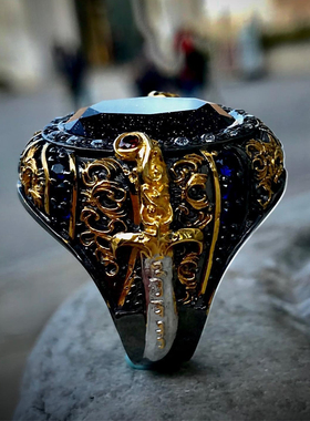 SELIM土耳其复古龙纹砂金宝石戒指男女925银雕刻指环潮牌国潮