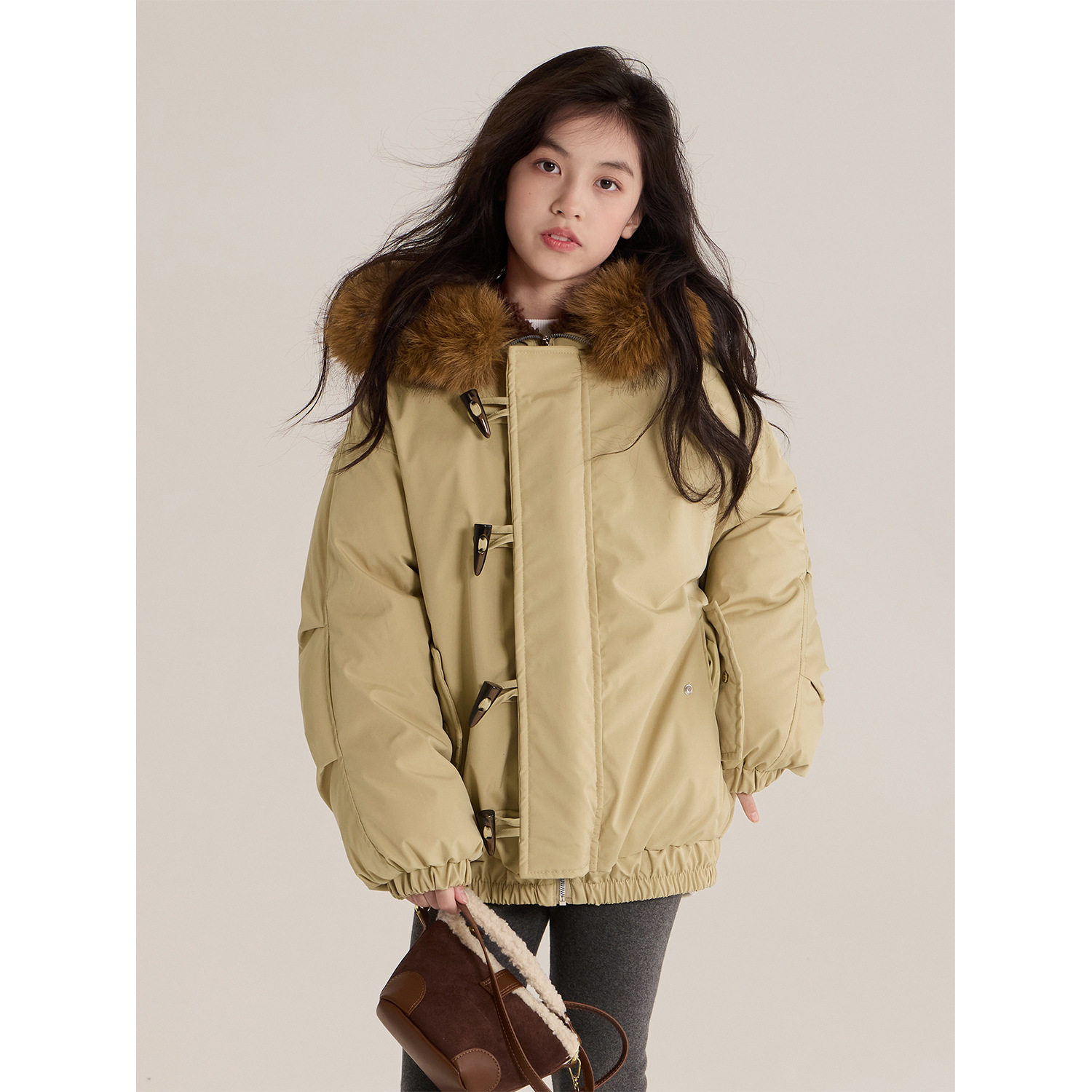 女童大毛领派克服儿童复古牛角扣加厚保暖棉服外套红色藏青卡其色