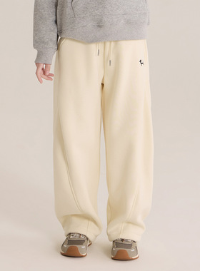 大女孩刺绣小狗加绒卫裤冬装新款女童侧拼加厚休闲弯刀裤米白灰色