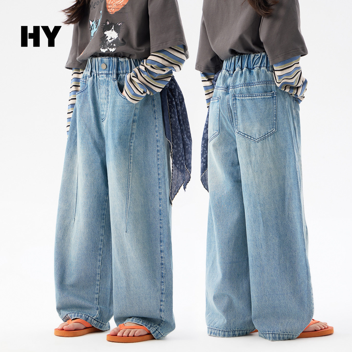 26春新款洋气女童直筒阔腿牛仔裤宽松弯刀裤韩版女孩松紧腰休闲裤