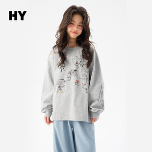 女童长袖T恤春秋款26新款儿童打底衫宽松大女孩卫衣潮灰色120~170