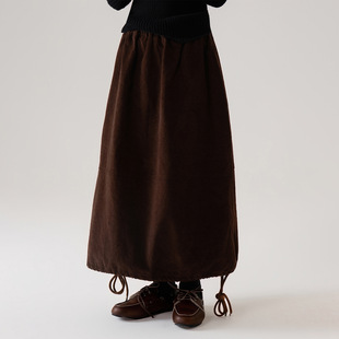 女孩复古灯芯绒半身裙冬新款女童高腰a字裙百搭休闲裙子藏青棕色