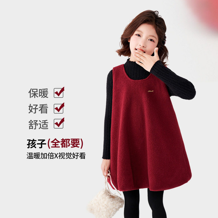 大女孩毛呢背心连衣裙25冬款女童红色新年款背带裙深红色100~160