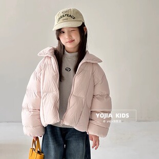 大女孩短款羽绒服冬款2025新款洋气保暖女童鸭绒面包服外套黄粉色