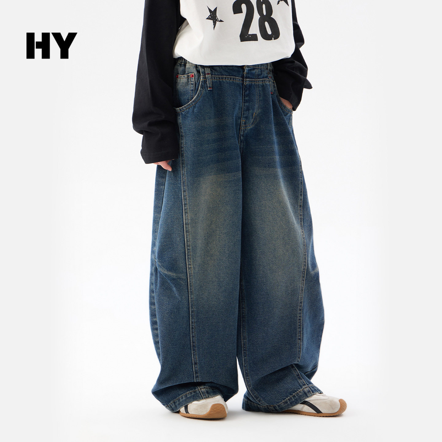 潮女孩牛仔裤春款26阔腿女童宽松直筒弯刀裤子直筒裤蓝色120~170