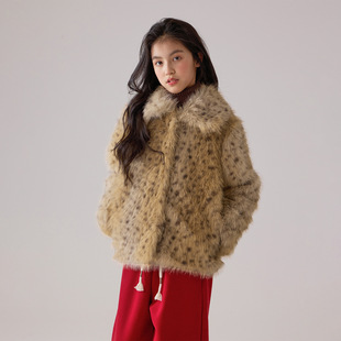 中大女童豹纹毛绒外套冬装新款女孩短款洋气加厚保暖宽松毛毛大衣