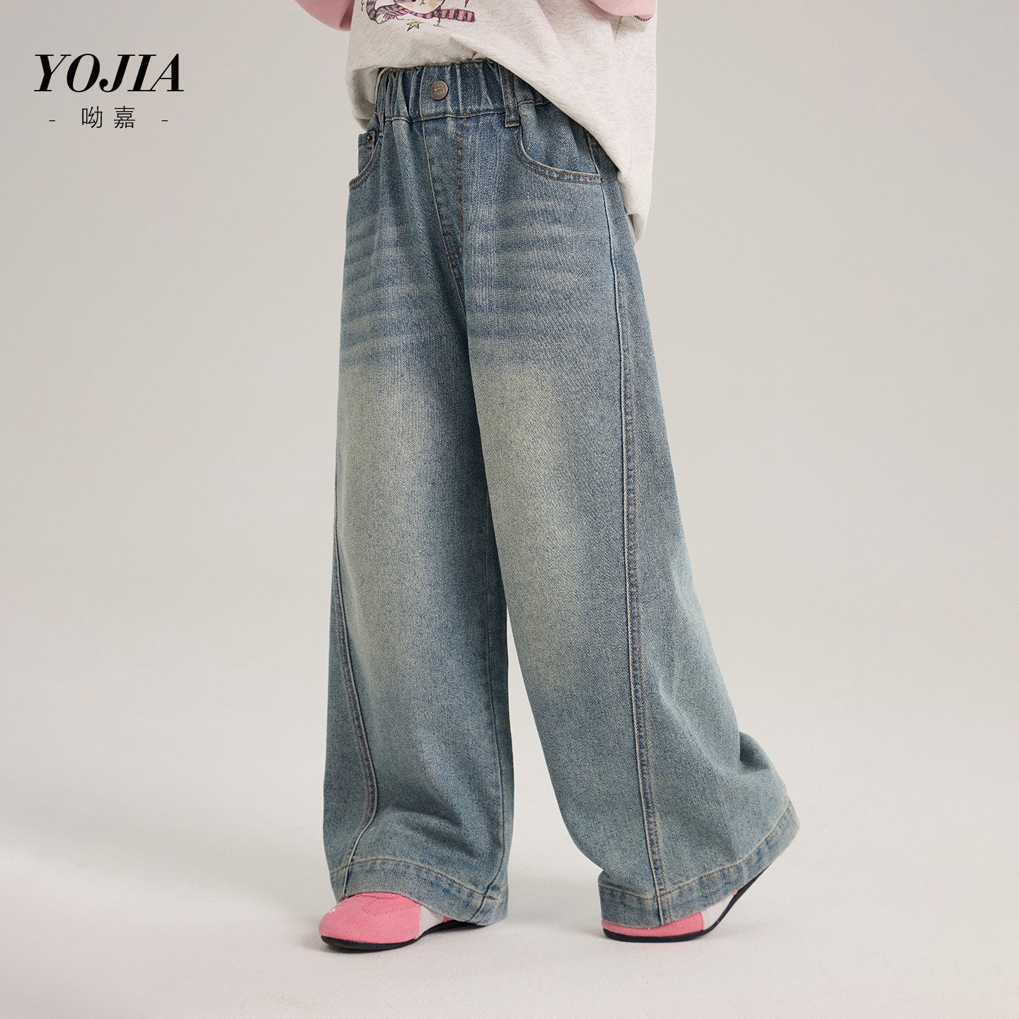 女孩牛仔裤春季26新款韩版宽松女童直筒裤薄款松紧腰蓝色110~170