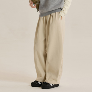 大女孩加绒弯刀裤25冬装女童保暖加厚阔腿裤宽松直筒裤子米色藏青