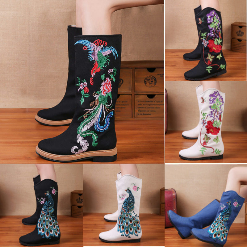 秋冬款民族风长靴绣花高筒靴子老北京布鞋女鞋布靴单靴牛筋底棉靴,女鞋,时装靴,淘宝优惠券,粉丝福利购,淘宝优惠卷