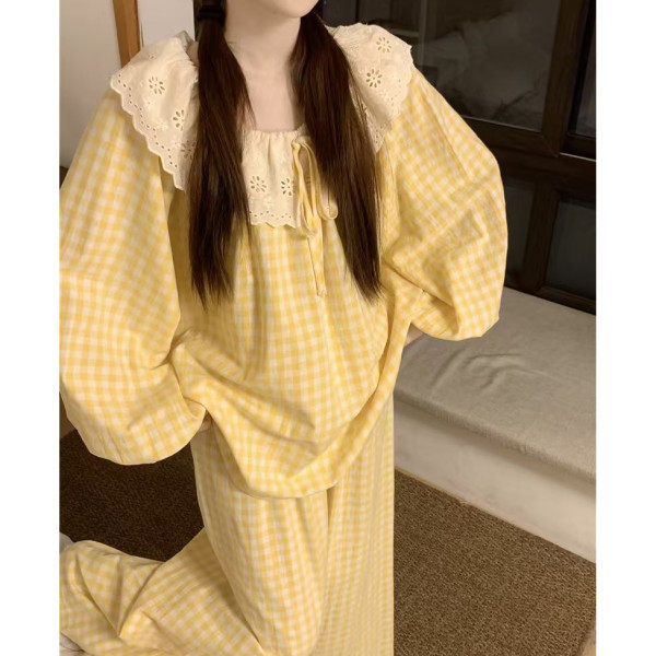 韩版ins风睡衣女春秋款长袖纯棉花边格子简约甜美宽松家居服套装