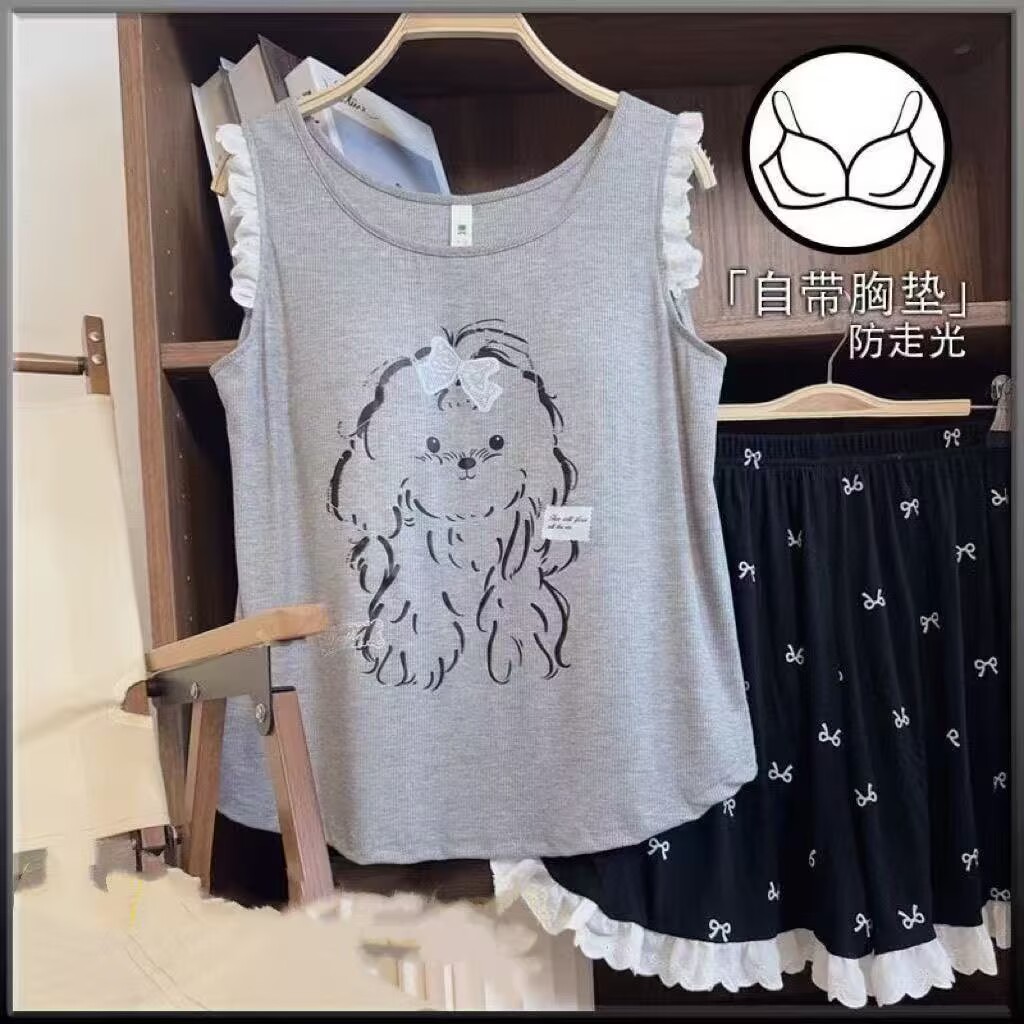 2026新款带胸垫睡衣女夏款棉质背心短裤卡通可外穿夏天家居服套装