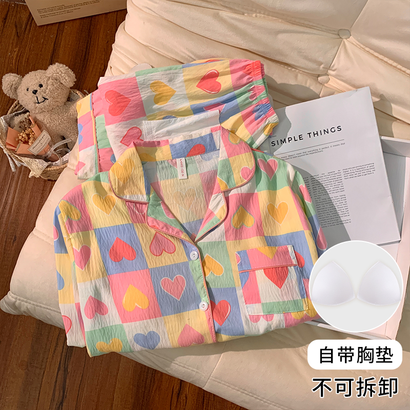 带胸垫睡衣女款春秋季纯棉开衫长袖2025年新款一体套装女士家居服