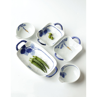 进口有田烧波佐见手绘蓝青花双耳小碗长盘带手环餐盘子 日本原装