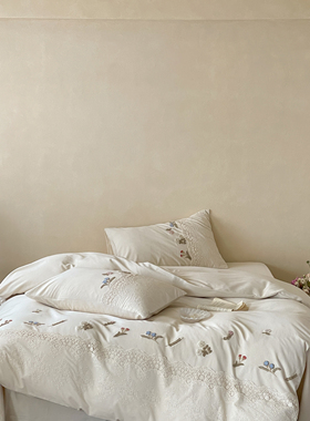 A类母婴级100支白色刺绣棉麻被套四件套亚麻床单床笠床上用品高端
