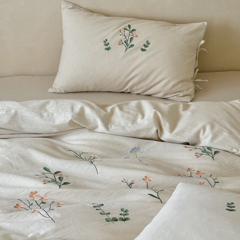 高端A类10%亚麻全棉床单四件套纯色简约白色棉麻被套绣花床上用品