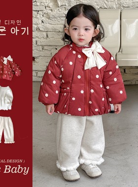 女童冬季圆点棉服外套洋气宝宝冬装保暖蝴蝶结棉衣衣服潮