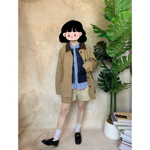 象限秋冬日系文艺复古拼色撞色翻领小个子工装风衣外套女