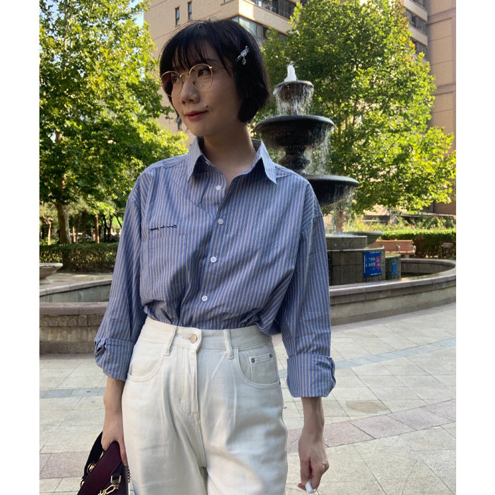 象限慵懒风刺绣条纹开衫衬衫女2024秋季韩版休闲长袖外套