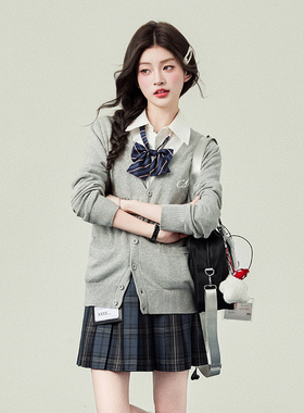 花铃太太原创jk学院风毛衣浅灰色针织开衫外套秋季长袖上衣女薄款