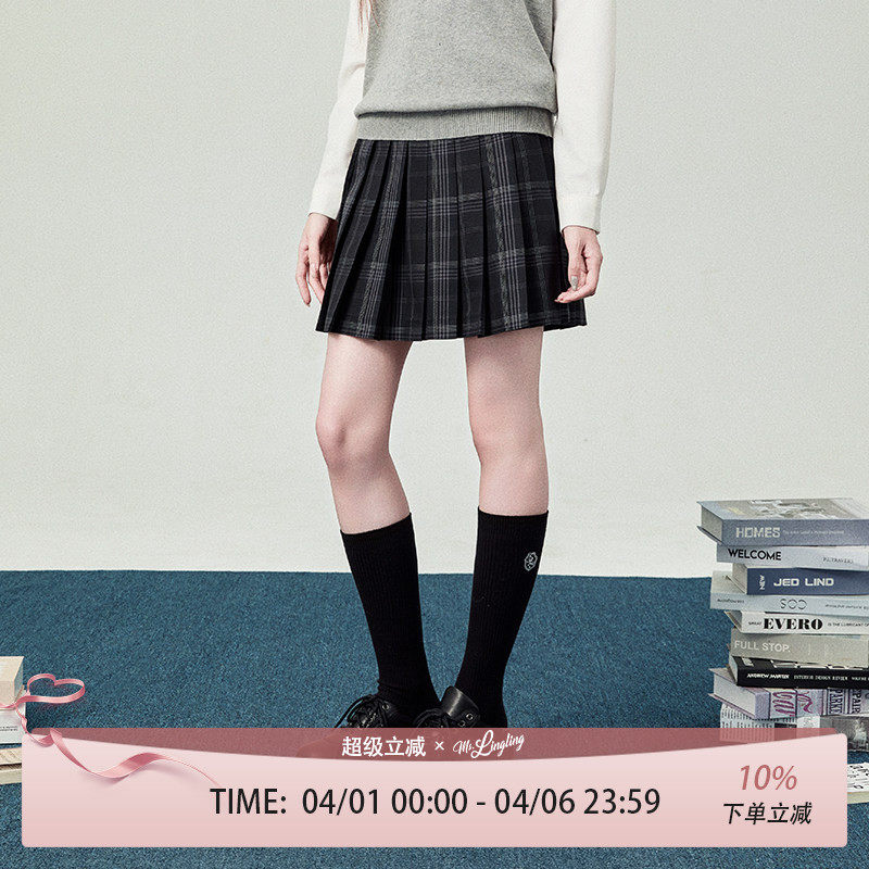花铃太太jk短裙渊黑色小格子裙女学院风百褶高腰显瘦春季半身裙子