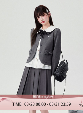 花铃太太2026年新款格雷系学院少女感蝴蝶结口袋西装jk制服灰色韩