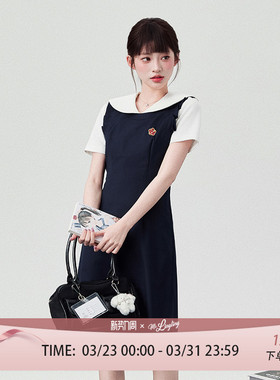 花铃太太2026年春季新款花朵刺绣连衣裙女绀色日常学院风收腰裙子