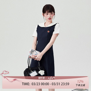 花铃太太2026年春季 花朵刺绣连衣裙女绀色日常学院风收腰裙子 新款