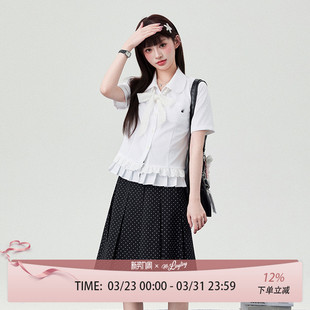 衬衫 轮褶花边衬衣2026年jk制服白色蕾丝领结短袖 新品 花铃太太春季