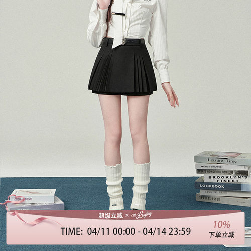 花铃太太学院风制服黑色百褶短裙半身裙a字半裙女春季小个子穿搭
