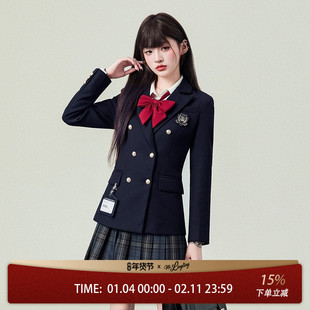 花铃太太jk制服圣日研心收腰西装女秋2026双排扣学院风校供感外套
