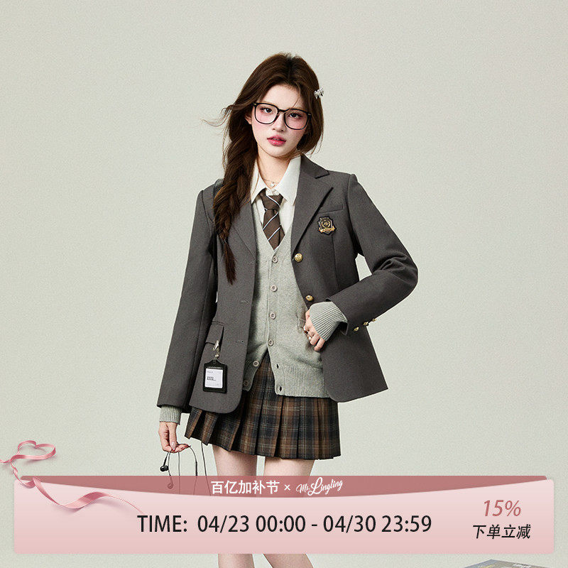 花铃太太宝藏jk灰色西装学院风小众气质三粒扣外套小个子校供制服