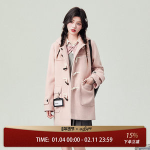 花铃太太花铃太太jk学院风牛角扣长款大衣夹棉秋冬2026女粉色时尚连帽毛呢