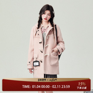花铃太太jk学院风牛角扣长款大衣夹棉秋冬2026女粉色时尚连帽毛呢