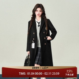 花铃太太jk正肩长款黑色大衣女秋冬款高级感学院风双排扣韩系外套