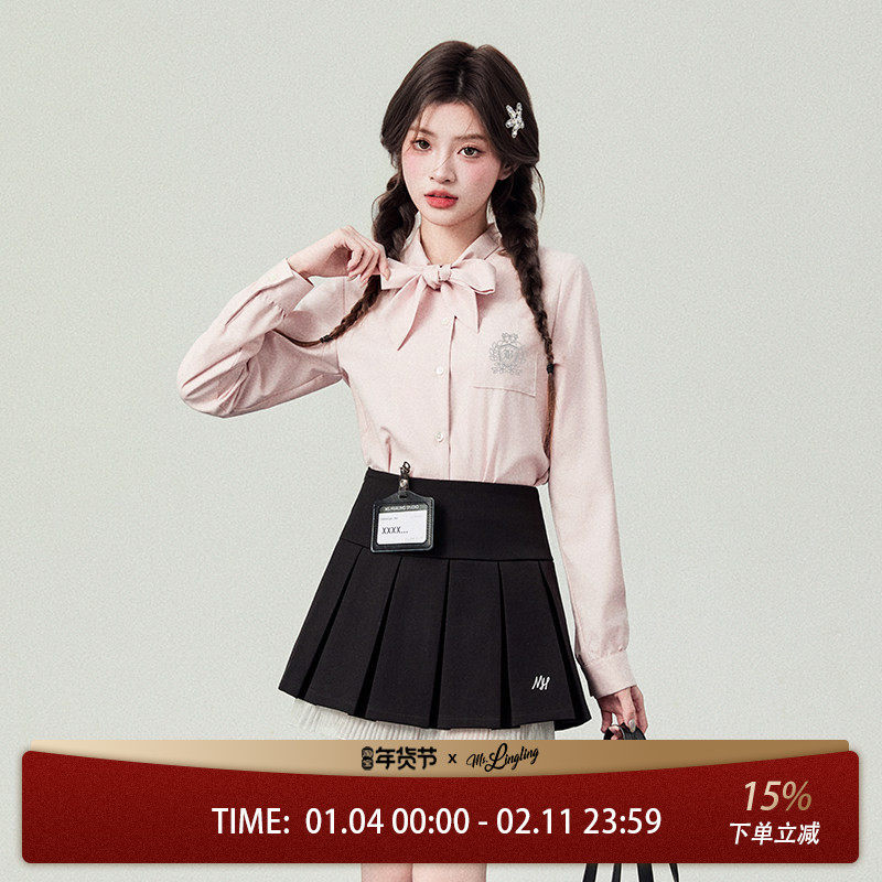 花铃太太jk蝴蝶结领粉色衬衫女新款长袖小个子百搭时尚学院风衬衣