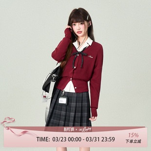 酒红色校供感收腰日系短款 新品 针织 女款 花铃太太jk学院风学姐开衫