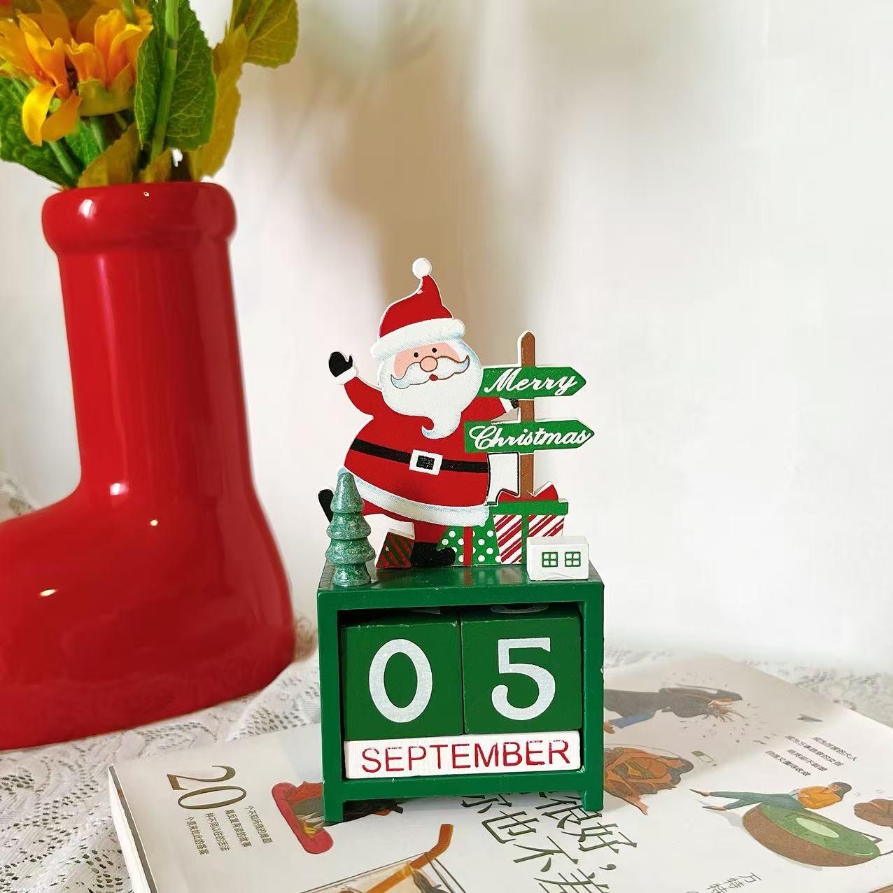 圣诞主题木质万年历摆件 创意桌面装饰日历 圣诞节日氛围布置小物