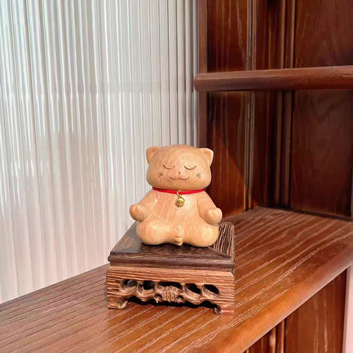 胡桃木招财猫/打坐猫摆件，6×6×6高
