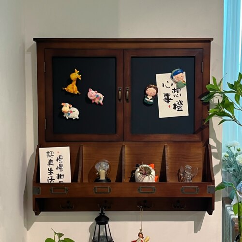 磁性黑板实木电表箱遮挡柜 带挂钩置物架 可开合电表箱