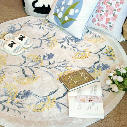 法式碎花仿羊绒圆形地毯 客厅卧室床边毯柔软防滑地毯