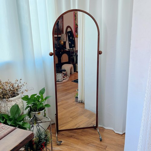 橡胶木弧形双面镜子杂志架 带刹车滚轮可挂包  送货上门简单安装