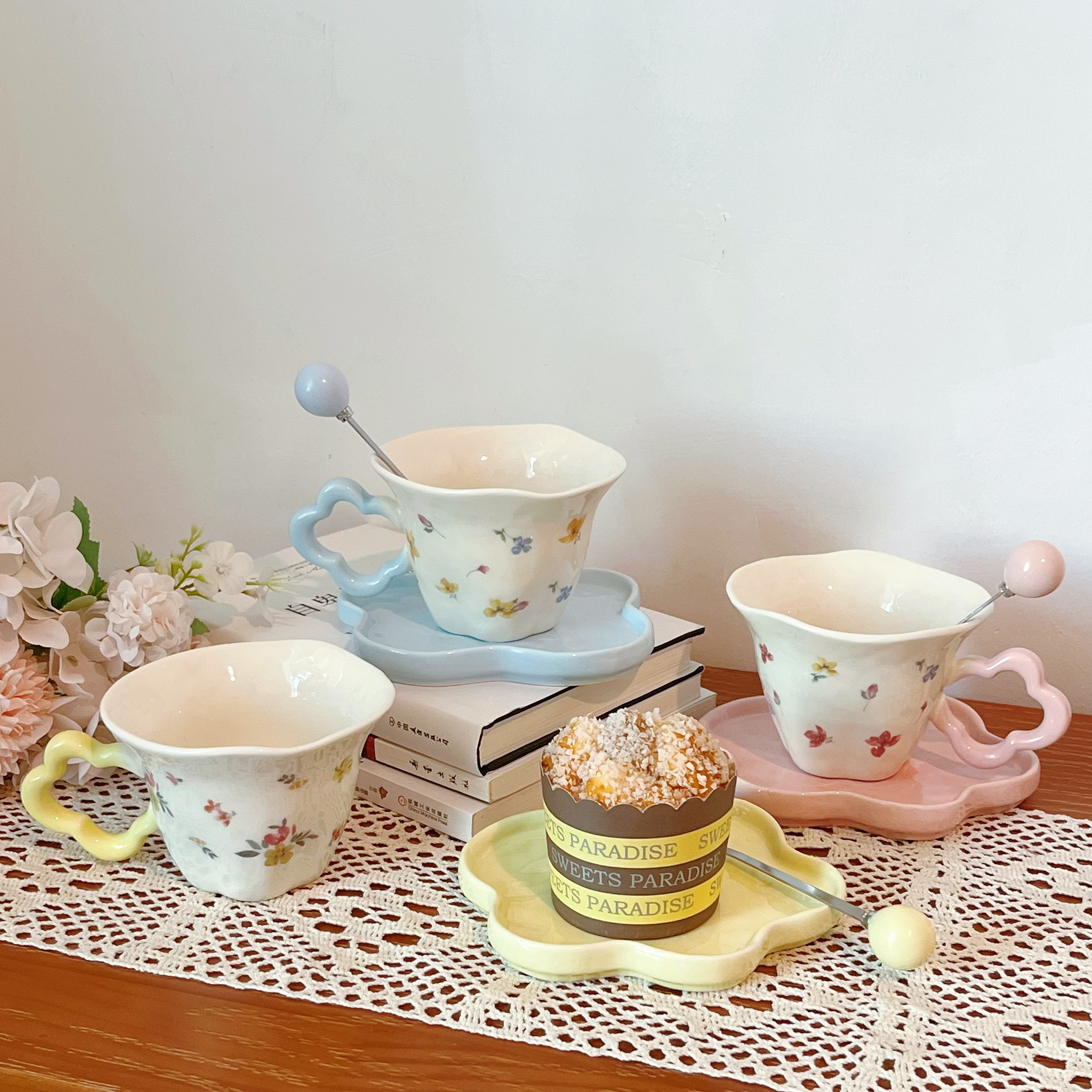 ins风小碎花陶瓷杯碟套装 粉色/黄色/蓝色 咖啡杯带勺和碟,餐饮具,马克杯,淘宝优惠券,粉丝福利购,淘宝优惠卷