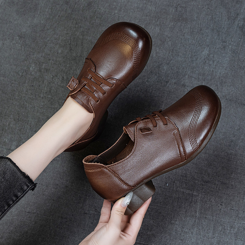 2025秋新款中跟女单鞋头层牛皮软底软面宽松舒适一脚蹬复古妈妈鞋,女鞋,深口单鞋,淘宝优惠券,粉丝福利购,淘宝优惠卷