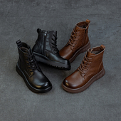 头层牛皮马丁靴女2025秋冬新款 英伦复古短筒平跟厚底加绒保暖棉鞋