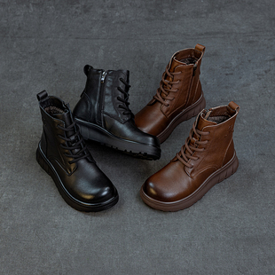 头层牛皮马丁靴女2025秋冬新款 英伦复古短筒平跟厚底加绒保暖棉鞋