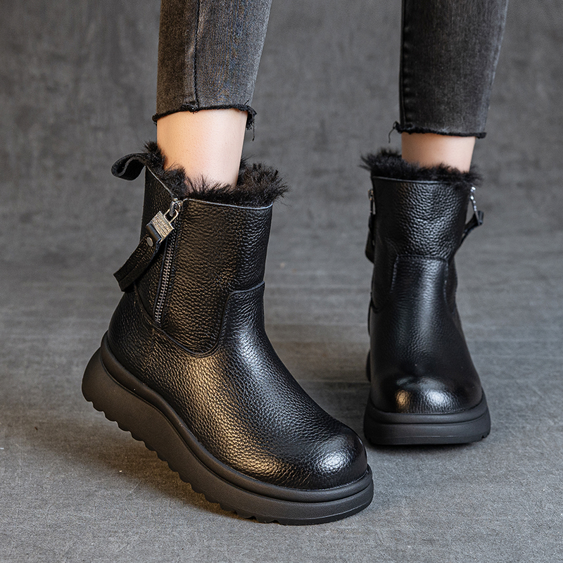 头层牛皮冬季新款雪地靴平跟厚底