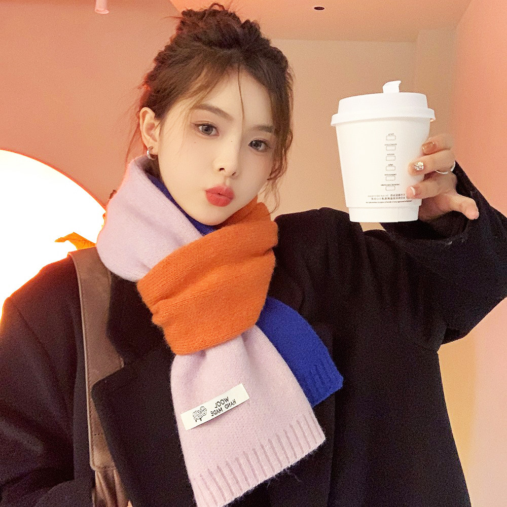 多色拼接毛线针织围巾少女秋冬季个性学院风混色围脖韩版百搭粉色